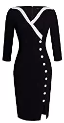 HOMEYEE Abendkleider HOMEYEE Frauen Elegante V-Ausschnitt Big Button Hem Spalte schlanke Bodycon Casual Vintage Kleid B335
