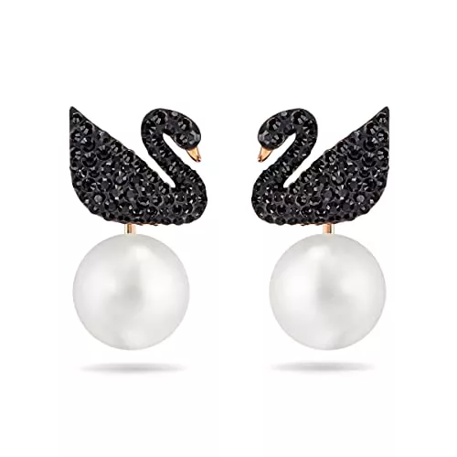 Swarovski Schmuck Swarovski Iconic Swan Ohrring Jackets, Schwarze und Rosé Vergoldete Ohrringe mit Funkelnden Swarovski Kristallen in Schwanenform und Kristallperlen