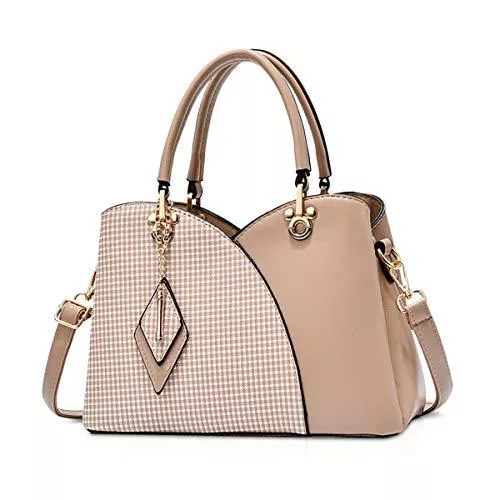 NICOLE &amp; DORIS Taschen & Rucksäcke NICOLE &amp; DORIS Elegante Damen Handtasche mit Mehreren Taschen Schultertaschen aus PU-Leder Henkeltaschen Karierte Umhängetasche mit Anhänger Khaki