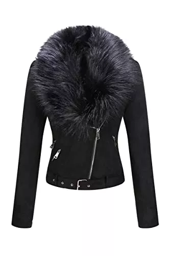 BELLIVERA Jacken BELLIVERA Damen Lederjacke Winter Warm Kurz Moto Bikerjacke Wildleder Mantel mit Abnehmbarem Pelzkragen