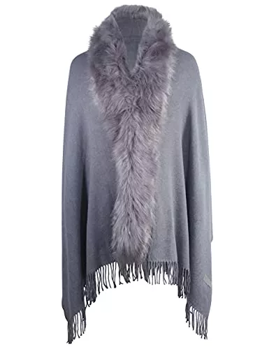 ZLYC Strickjacken ZLYC Damen Winter Kunstpelz Poncho Strick Schal Warm Cape Cardigan