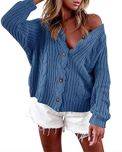 Romancan Strickjacken Romancan Damen Button Down Sweater Open Front Kurz Cardigan Zopfmuster Strickjacke Grobstrick Outwear