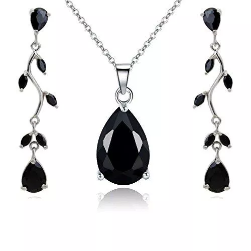 Crystalline Azuria Schmuck Crystalline Azuria Tropfenform Schmuck-Set mit Schwarz Zirkonia Kristalle Halskette Anhänger 45 cm Ohrringe 18 kt Weiß Vergoldet für Damen