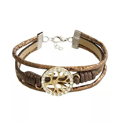 Unbekannt Schmuck Kiss Me! Braunes Vintage Damen Armband Braun Geflochten Glücksanhänger Gold Baum Des Lebens Strass Länge 17cm 5cm