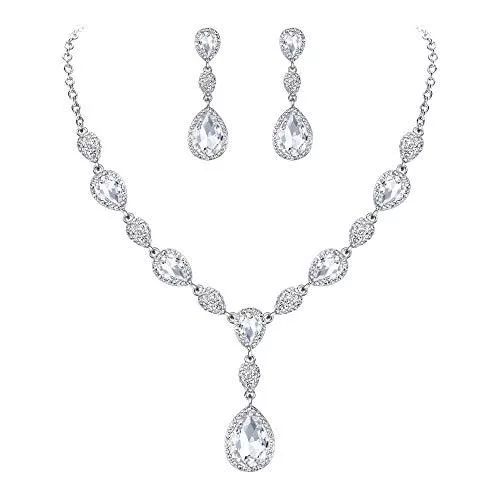 Clearine Schmuck Clearine Damen Schmuck Set Hochzeit Braut Zirkonia Teardrop Y Halskette und Ohrringe Schmuckset für Frauen