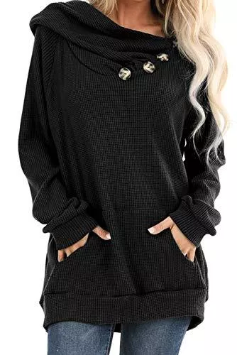 Ancapelion Pullover & Strickmode Ancapelion Damen Hoodie Gestrickt Pulli Pullover Langarm Oberteile Einfarbig Sweater Tunika Top mit Knopf Tasche