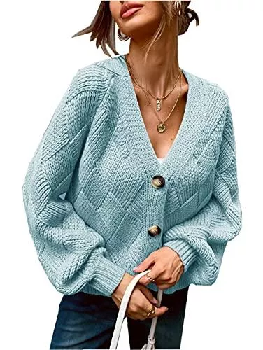 ZIYYOOHY Strickjacken ZIYYOOHY Strickjacke Damen V-Ausschnitt Cardigan Laternenhülle Casual Kurz Strickmantel Oversize Pullover Knopfleiste Outerwear