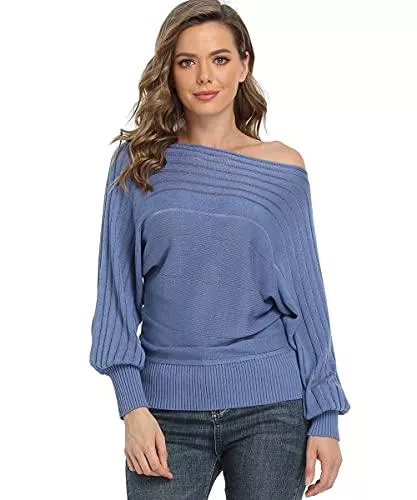Dilgul Pullover & Strickmode Dilgul Damen Elegant Off Shoulder Pullover Rundhalsausschnitt Fledermausärmel Langarm Loose Schulterfrei Strick Oberteile