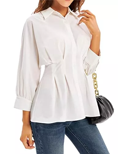 GRACE KARIN Langarmblusen GRACE KARIN Damen Elegant V-Ausschnitt Kurzarm T-Shirt Batwing Hemd Bluse Plissee Taille Wickelhemd Büro Oberteil CL455A21