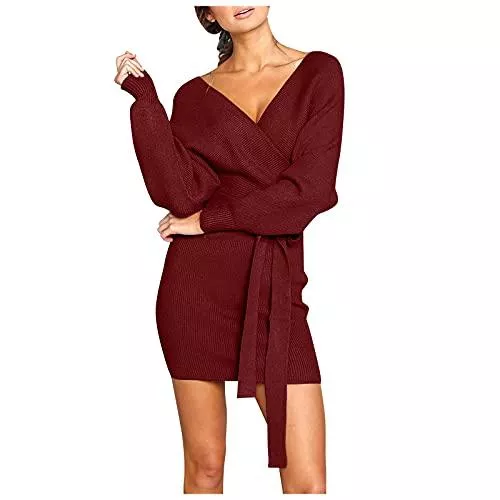 Aobliss Freizeit Aobliss Strickkleid Damen Rundhals Trägerlos pulloverkleid Damen Sexy Strick Herbst Langarm Strickkleid Lang Elegant Tunika Kleid mit Gürtel