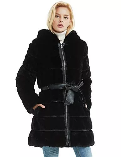 BELLIVERA Mäntel BELLIVERA Damen Wintermantel Kunstpelz mit Kapuze, 2 Taschen, Parka Mantel mit Gürtel (Schwarz &amp; Rosa)