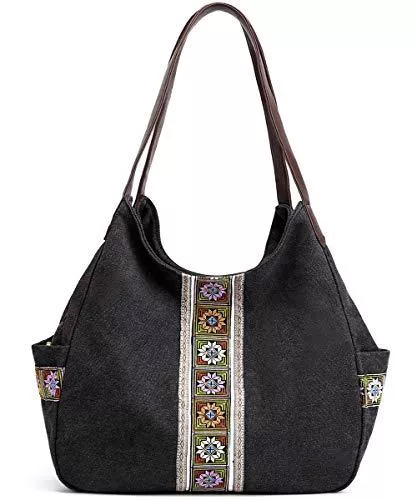 Fashion Modern WORLDLYDA Taschen & Rucksäcke Worldlyda Damen Canvas Hobo Geldbörse Multi Pocket Tote Shopper Schultertasche Casual Top Handle Handtasche mit Stickerei Ethno