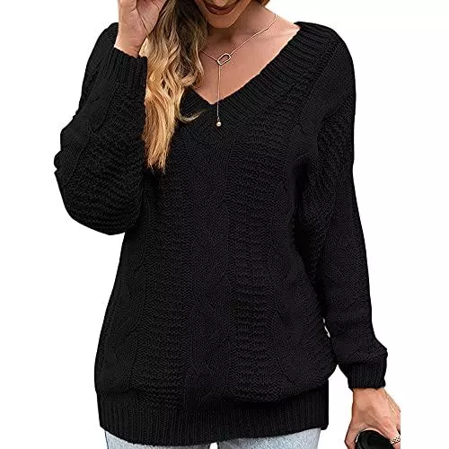 Cocopa Pullover & Strickmode Cocopa Pullover Damen Herbst ，Oversize Langarm Strickpullover mit v Ausschnitt,Longpullover Einfarbig Sweatshirt Strickpulli Pullis für Winter und Herbst