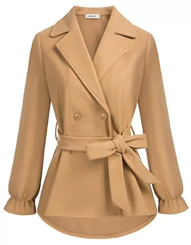 LIUMILAC Mäntel LIUMILAC Damen Zweireiher Wollmantel Langarm Reverskragen Mäntel mit Gürtel Wintermantel