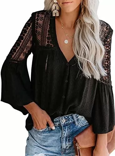 Astylish Langarmblusen Astylish Bluse Damen, elegant Chiffon Bluse Damen Oberteile Spitze mit V-Ausschnitt Aushöhlen Lose Tops Damen Spitze Casual Hemd Damen Tops Spitze einfarbig (S-2XL)