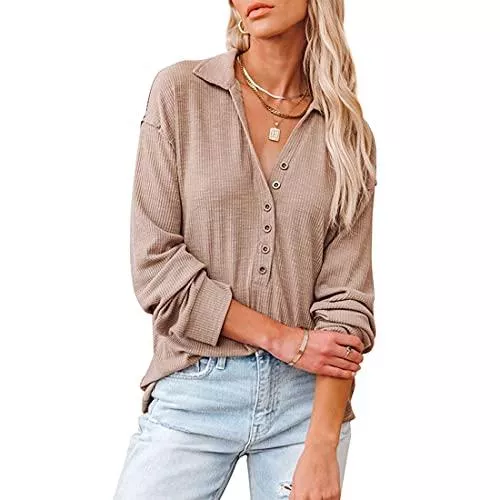 ACLOIN Pullover & Strickmode ACLOIN Sweatshirt Damen V Ausschnitt Baumwolle Langarmshirt Knopfleiste Dünne Pullover Oversized Button down Jumper Tops