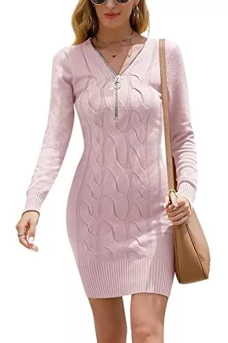 Vthereal Freizeit Vthereal Damen Pullover Strickkleider Stretch Pulloverkleid Sexy Strickkleid Frauen Pulli Reißverschluss Winterkleid Stricken Tunika Kleid Tops