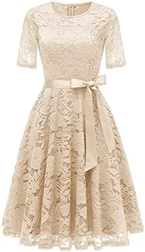 DRESSTELLS Cocktail DRESSTELLS Damen elegant Rundausschnitt Spitzenkleid Lace Cocktailkleid mit Gurtel Abendkleid Kurz