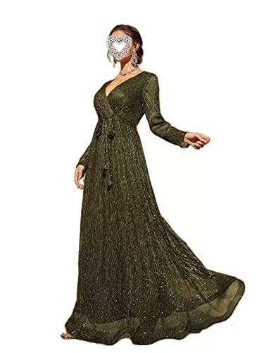 Yassiglia Abendkleider Yassiglia Abendkleid für Damen, elegant, für Hochzeiten, langarm, V-Ausschnitt, mit sexy Pailletten, S-XL