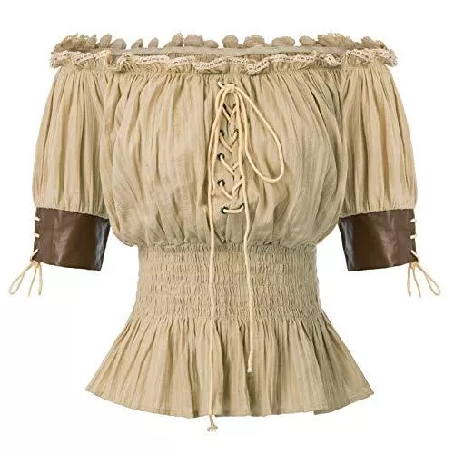 Belle Poque Kurzarmblusen Belle Poque Damen Boho Tops Steampunk Victorian Halbe Ärmel Schulterfrei Tops