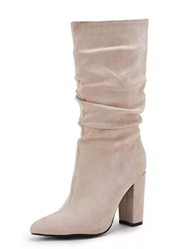 Syktkmx Stiefel Damen Winterstiefel mit hohem Absatz, halbhoch, Veloursleder, Schlupfschuh, klobig, spitzer Zehenbereich