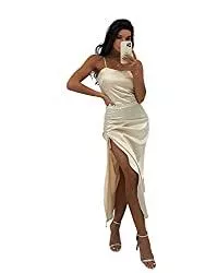  Cocktail SheIn Damen Elegant Kleid Satin Spaghettiträger Maxi Kleider mit Schnürung und Schlitz hohe Taille Hochzeitkleid Partykleid