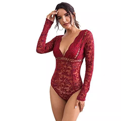 NBBNYJ Langarmblusen NBBNYJ Body Damen Elegant Sexy Sommer Schier V-Ausschnitt Langarm Spitze Bodysuit Dessous rückenfrei Jumpsuit Lingerie Teddy Unterwäsche Top Babydoll Nachtwäsche