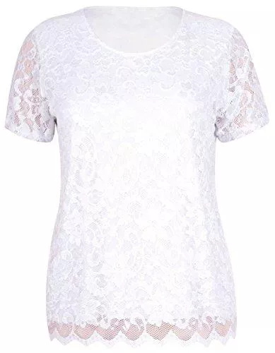 Purple Hanger Kurzarmblusen Womens Kurzärmelig Damen Stretch Rund U-Ausschnitt Gefüttert Blumen Spitze Bluse T-Shirt Top Plus Größe