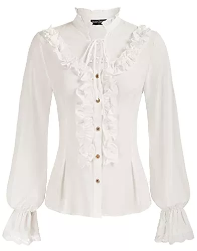 SCARLET DARKNESS Langarmblusen SCARLET DARKNESS Bluse Damen, Langarm Bluse Spitze Steampunk Elegant Gothic Stehkragen mit Rüschen Langarmshirt Business Party