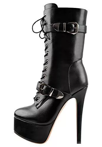 Only maker Stiefel Only maker Damen Plateau Stiefeletten Halbschaft Stiefel Stiletto High Heels Schnürstiefel mit Verziertem Riemen Schnalle Schwarz