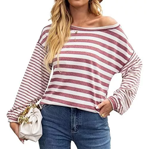 Hiistandd Langarmshirts Hiistandd Damen Langarm Tops Rundhals Shirt Gestreiftes Langarmshirt Tunika Pullover