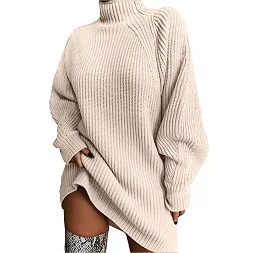 Dreafly Pullover & Strickmode Damen Rollkragen-Hoodies Sweatshirt Hoodies, weicher Winter Langarm Stricken Warm Pullover Casual Rollkragen Kleid Langarm Strickkleid für Mädchen