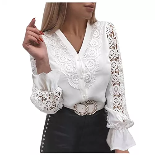 Fcostume Damen Sweatshirts Langarmblusen Fcostume Damen Bluse Hoher Kragen mit Spitzen Schick Tunika Mit Laternenärmel Langarmshirt Elegant Hemd Dame Oberteile Blusen Tops