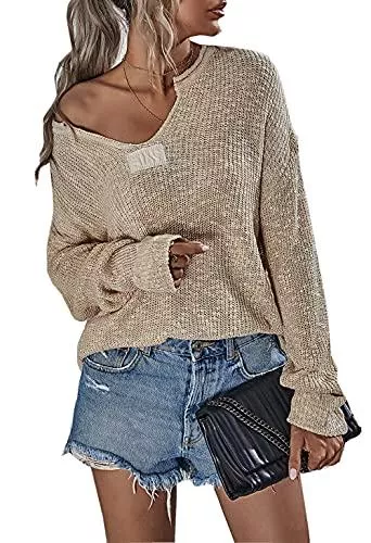 ZIYYOOHY Pullover & Strickmode ZIYYOOHY Damen Strickpullover V Ausschnitt Langarmshirts Pullover Sweatshirt Schulterfrei Lose Casual Oberteil Tops Sweater Pulli Einfarbig