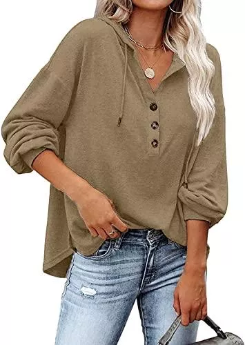 VIGVAN Kapuzenpullover VIGVAN Kapuzenpullover Damen Hoodie Langarm V-Ausschnitt Pullover Knopfleiste Henley Sweatshirt mit Kapuze Kordelzug Oberteil