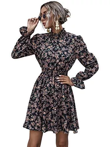 DIDK Freizeit DIDK Damen Kleid Elegant Langarm Blumen Kleider Kurz Knielang Partykleid Casual für Herbst Frühling