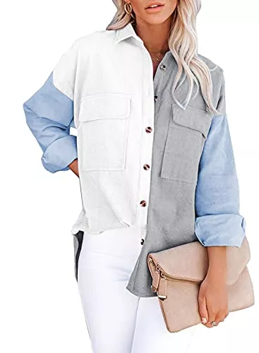 Aleumdr Langarmblusen Aleumdr Bluse Damen Langarm Revers Blusen Hemdjacke Cordjacke Damen Cordhemd Bluse Jacke Damen Shacket Jacket Button Down Freizeitjacke mit Taschen