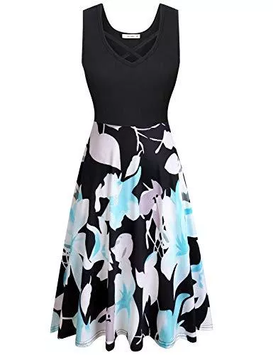 Moyabo Freizeit Moyabo Damen Kleider Sommer V-Ausschnitt Ärmelloses Vintage Midilänge Tank Kleid Blumen Strandkleid mit Taschen