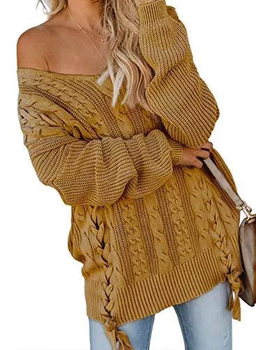 Happy Sailed Pullover & Strickmode Happy Sailed Damen V-Ausschnitt Langarm Strickpullover Strickpulli Stricksweater Stricksweatshirt Strick Langarmshirt S-XL