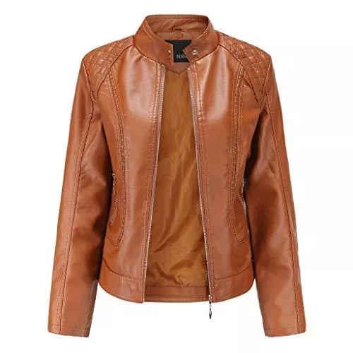 Sweatshirt Sannysis Jacken Sannysis Lederjacke für Damen Vintage Jacke Elegant Kunstlederjacke Übergangsjacke Bikerjacke Kunstleder Mit Stehkragen Leder Damenjacke Jacket (M, Braun)