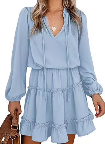 Modasua Freizeit Modasua Damen Kleider Langarm Blusenkleid Elegant Sommerkleid Casual Tunika Kleid Einfarbig Minikleid V-Ausschnitt Flowy Kleid mit Kordelzug