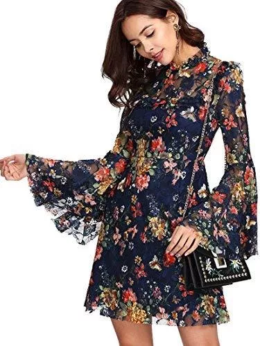 ROMWE Freizeit ROMWE Damen Elegant Sommerkleider mit Blumen Druck Muster A-Linie Urlaub Party Kleider