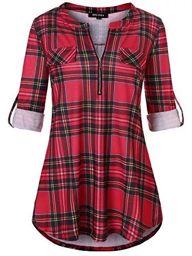 DILISHA Langarmblusen DILISHA Damen-Hemd, kariert, 3/4-Ärmel, Reißverschluss, V-Ausschnitt, lässige Blusen, Tunika, Tops