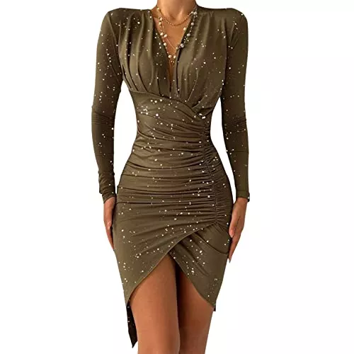 YJING Abendkleider YJING Kleid Damen Elegant Festlich Glitzer Kleider Partykleid V-Ausschnitt Winterkleid Abendkleider Partykleid Langarm Weihnachtskleid Glänzende Cocktailkleider Club Kleid