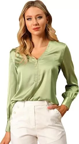 Allegra K Langarmblusen Allegra K Damen Langarm V Neck Einfarbig Satin Shirt Bluse
