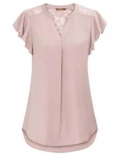 Gaharu Ärmellose Blusen Gaharu Damen Notch V-Ausschnitt Kurzarm Chiffon Shirts Casual Spitze Bluse Top