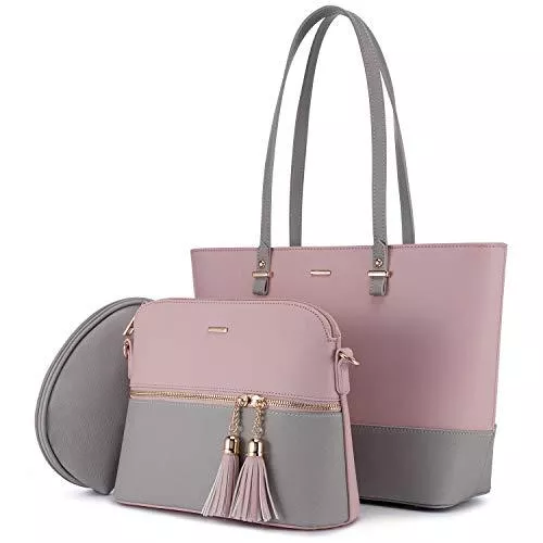 LOVEVOOK Taschen & Rucksäcke LOVEVOOK Handtasche Damen Schultertasche Handtaschen Tragetasche Damen Groß Designer Elegant Umhängetasche Henkeltasche Set 3-teiliges Set, Grau Rosa