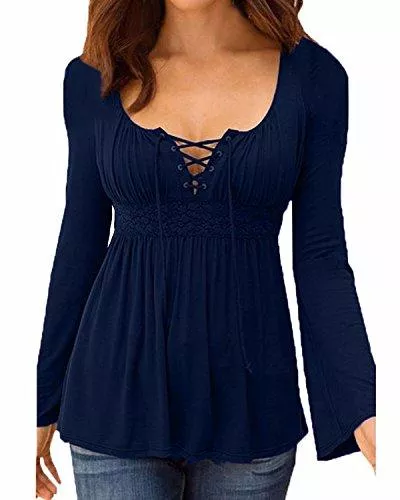 Style Dome Langarmblusen Style Dome V-Ausschnitt Langarmshirt Damen Langarm Bluse Longshirt Mittelalter Shirt mit Schleife