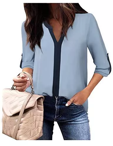 VAFOLY Langarmblusen Damen 3/4 Ärmel Shirts Casual Chiffon Bluse Top mit V-Ausschnitt