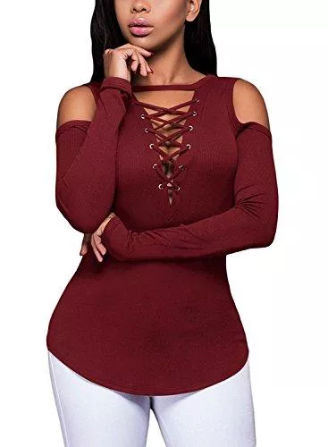 Hibluco Langarmblusen Hibluco Damen Sexy Bluse Schulterfrei Oberteile Casual T-Shirt